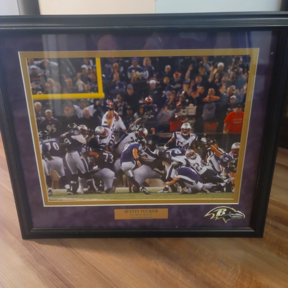 Framed photo of HOF Ravens GOAT Justin Tucker Black and Purple Sports Photo